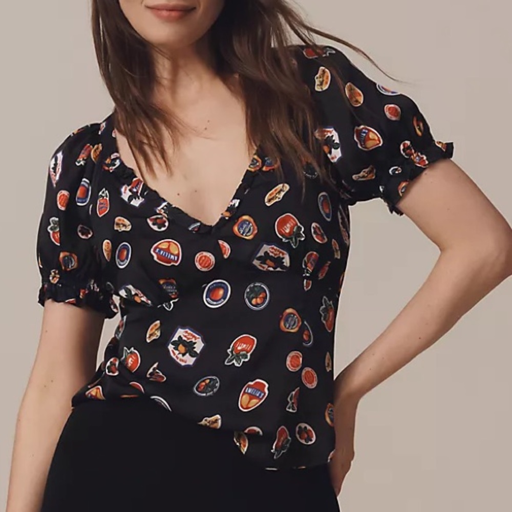 Maeve Anthropology Puff-Sleeve Popover Blouse - Black Pattern Size XXS